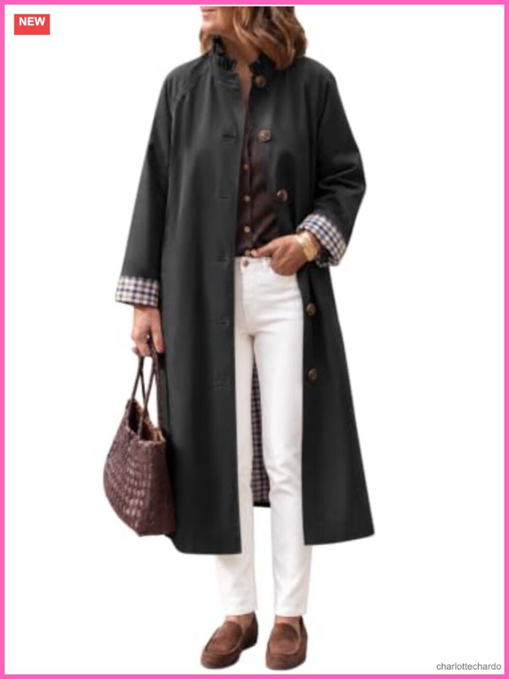Womens Oversized Long Trench Coat Ruffle Collar Plaid Lining Button Down